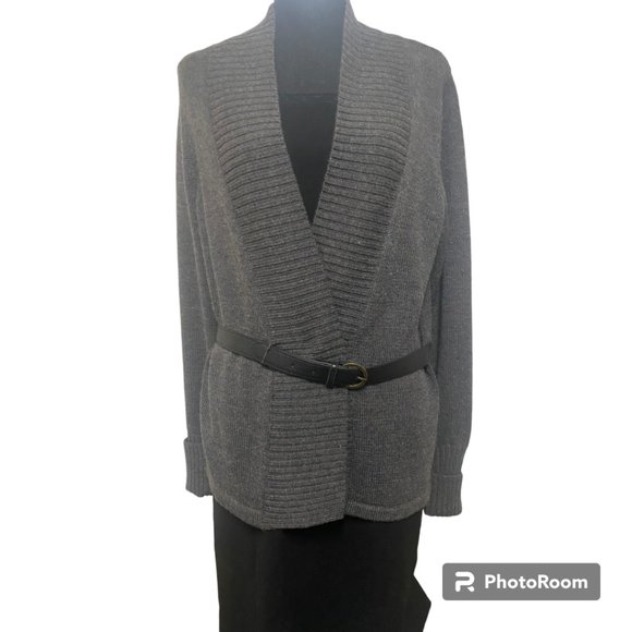 Susan Bristol women’s dark gray belted wool Cardigan Sweater sz S - Picture 1 of 11